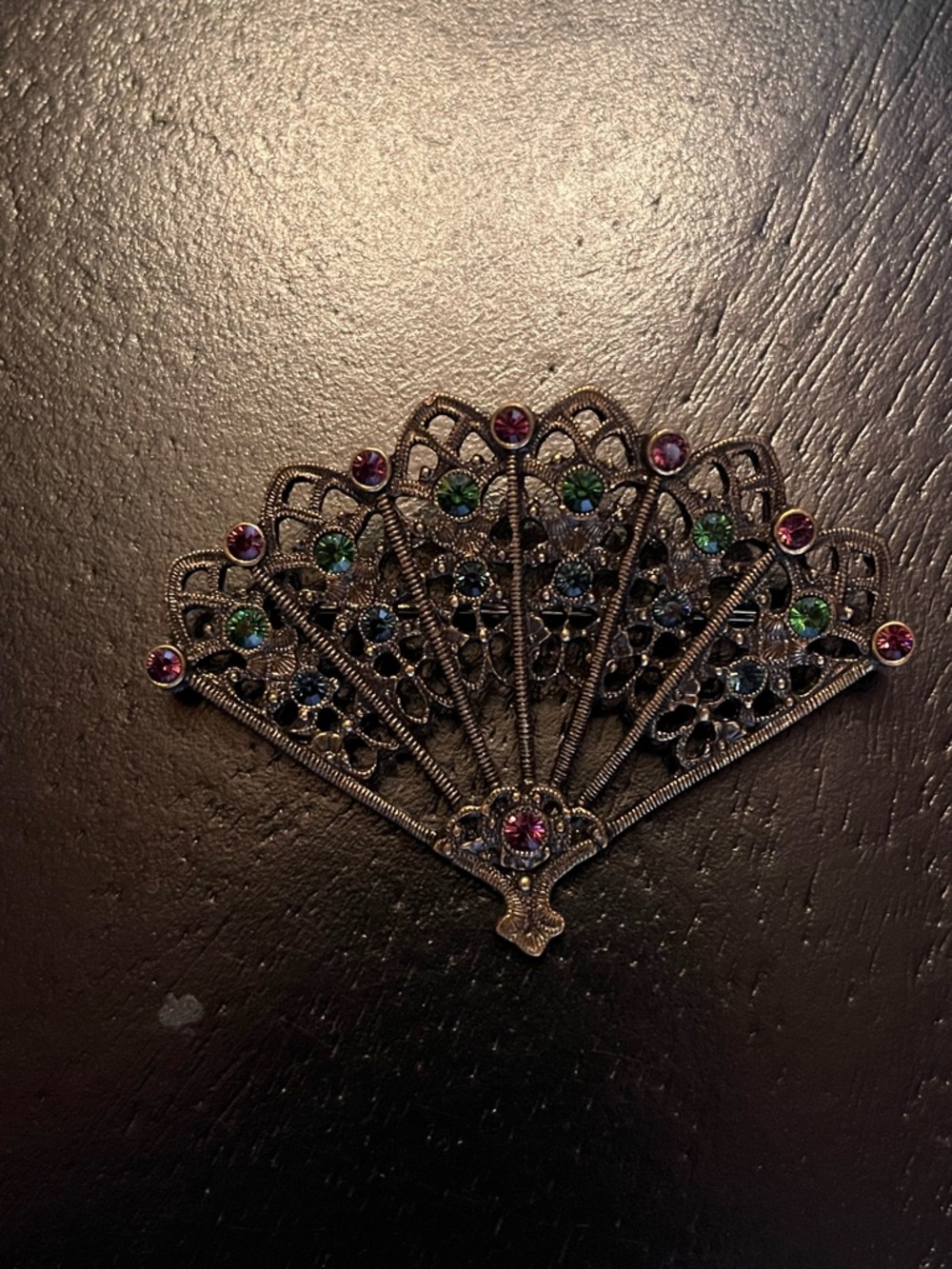 Vintage Antique-Style Filigree Fan Brooch with Pink & Green Rhinestones